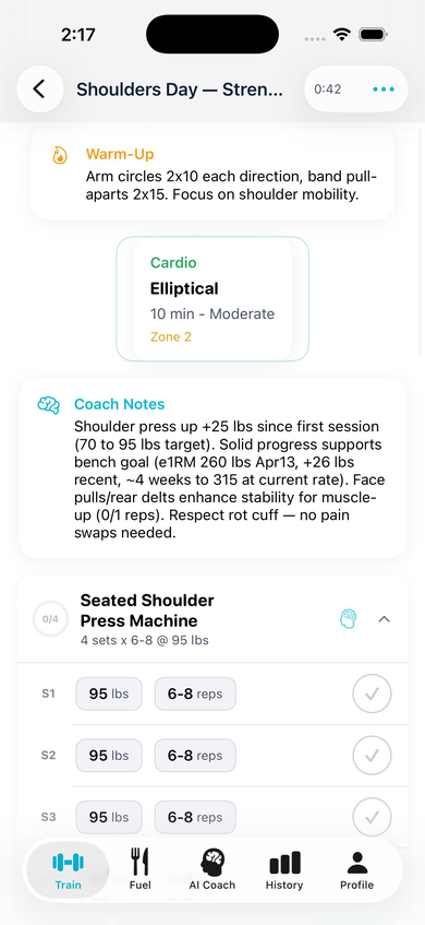 w.AI.ghtroom active workout session with AI coach notes and exercise sets