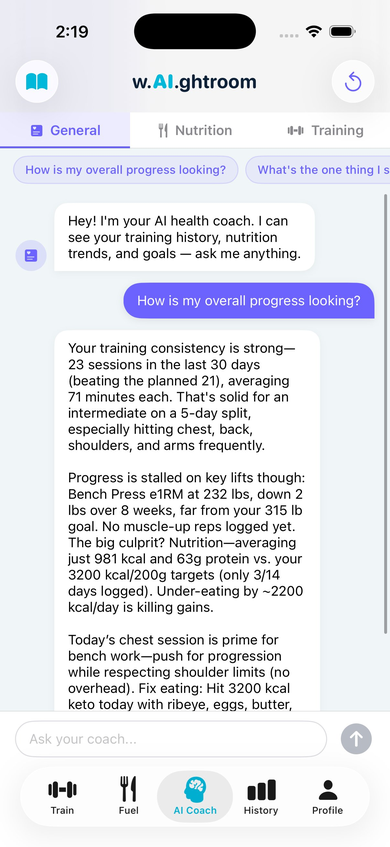 w.AI.ghtroom AI Coach chat showing personalized training advice