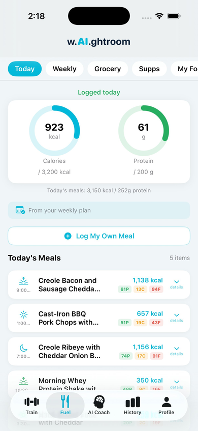 w.AI.ghtroom fuel today tab showing calorie tracking and meals